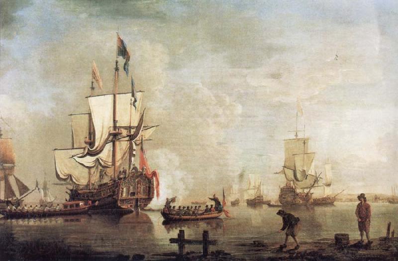 Thomas Mellish The Royal Caroline in a calm estuary flying a Royal standard and surrounded by an attendant barge and other small boats Norge oil painting art